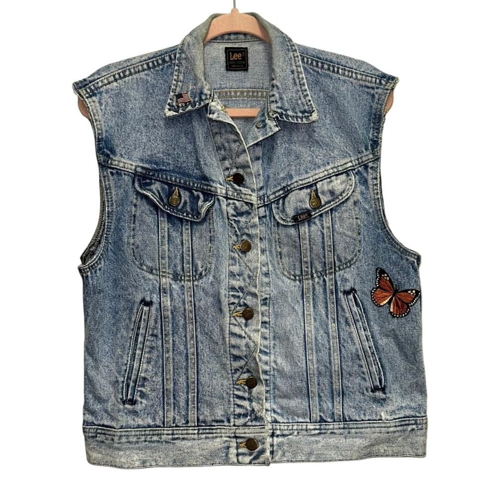 Vintage Lee Denim Vest USA Acid Wash Butterfly Embroidered Trucker M/L